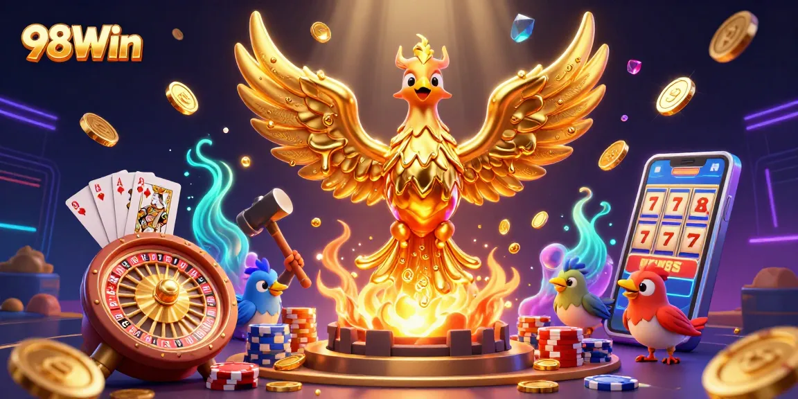 Experience the thrill of gaming with 98Win's molten phoenix soaring over a vibrant casino landscape.