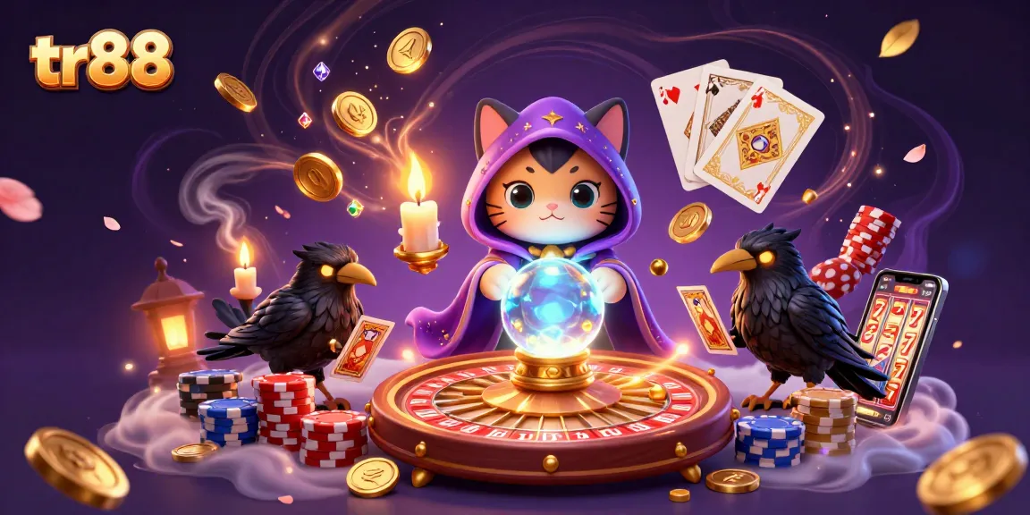 Experience thrilling action at tr88 with a cartoon mystic cat and raven in a vibrant casino scene.