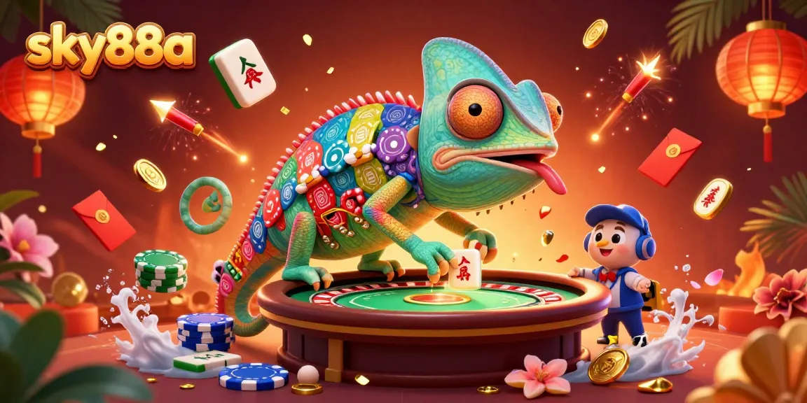 Experience thrilling gaming at sky88a with a vibrant chameleon casino owner and dynamic game elements.
