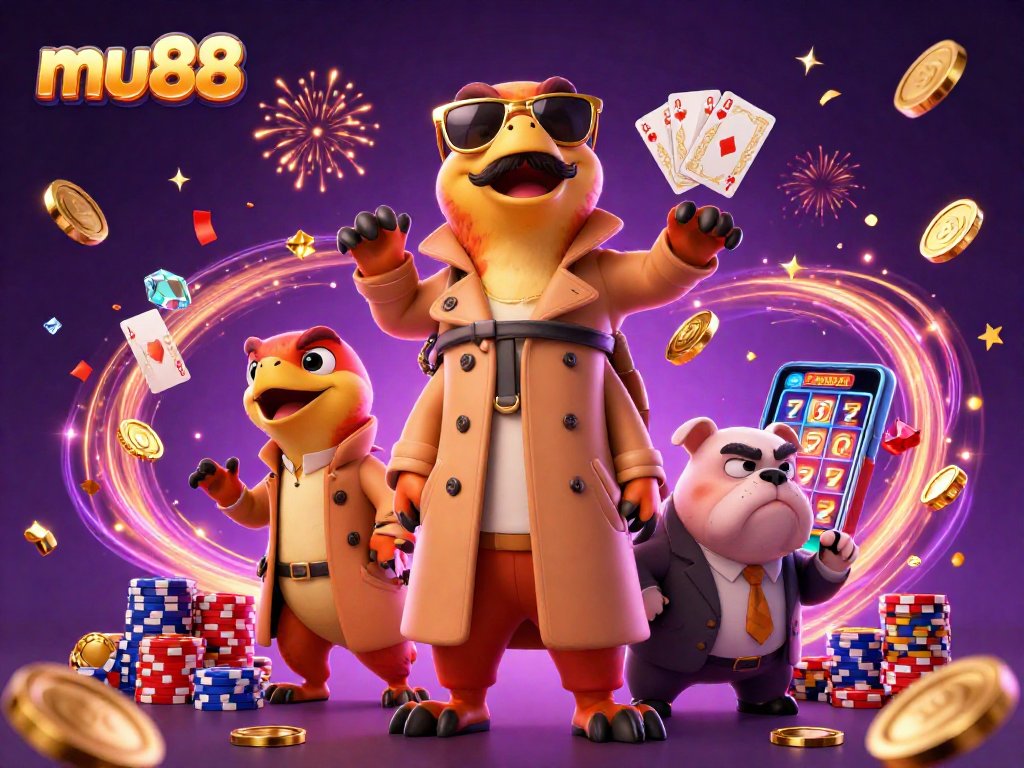 Experience mu88's vibrant casino fun with three raptors in a trench coat and a bulldog bouncer.