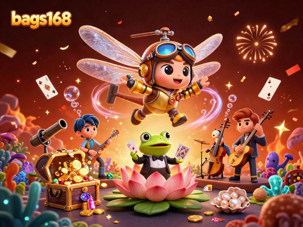 Bags168 thrills as the frog croupier deals cards in a vibrant lily pad casino with jazz musicians.