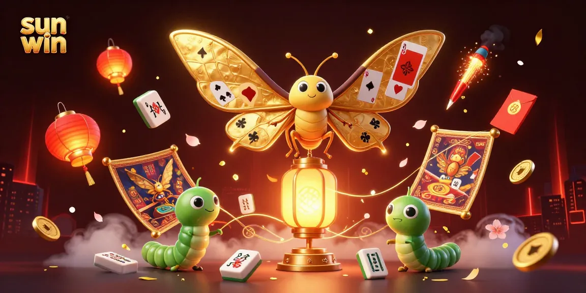 Win big with sun win's vibrant casino illustration of 3D moth and golden gaming elements.