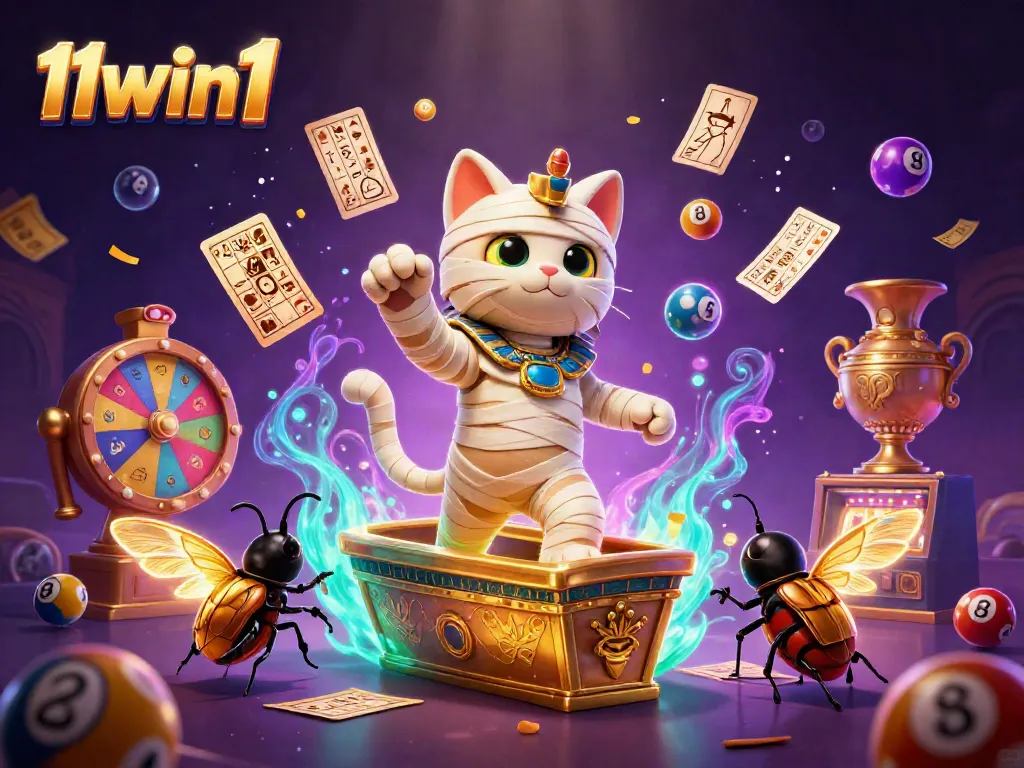 Experience the thrills of 11win1 casino with an Egyptian mummy cat and golden elements bursting from a vibrant pyramid.