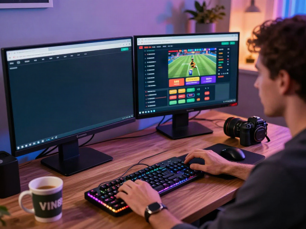 Engaged player using VIN88 sports betting platform in an exciting home office.