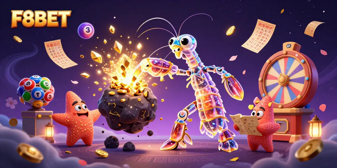 Experience F8BET with a dynamic 3D illustration of galactic characters amidst casino elements.