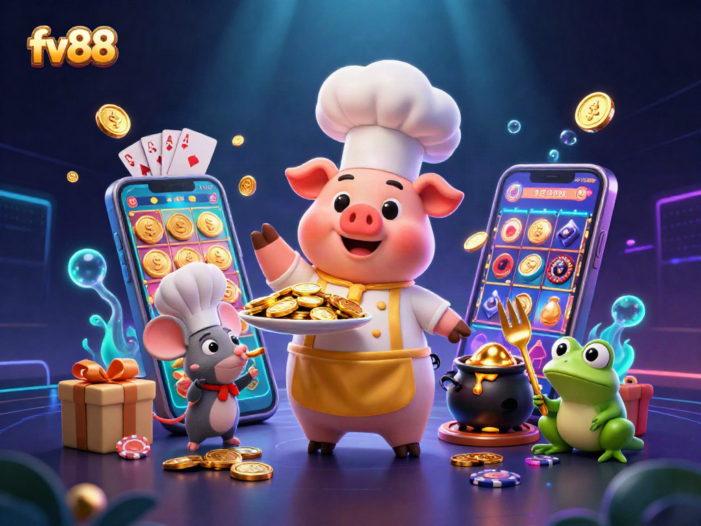 Join the action at fv88 with a chef pig serving gold coins in a vibrant casino scene.
