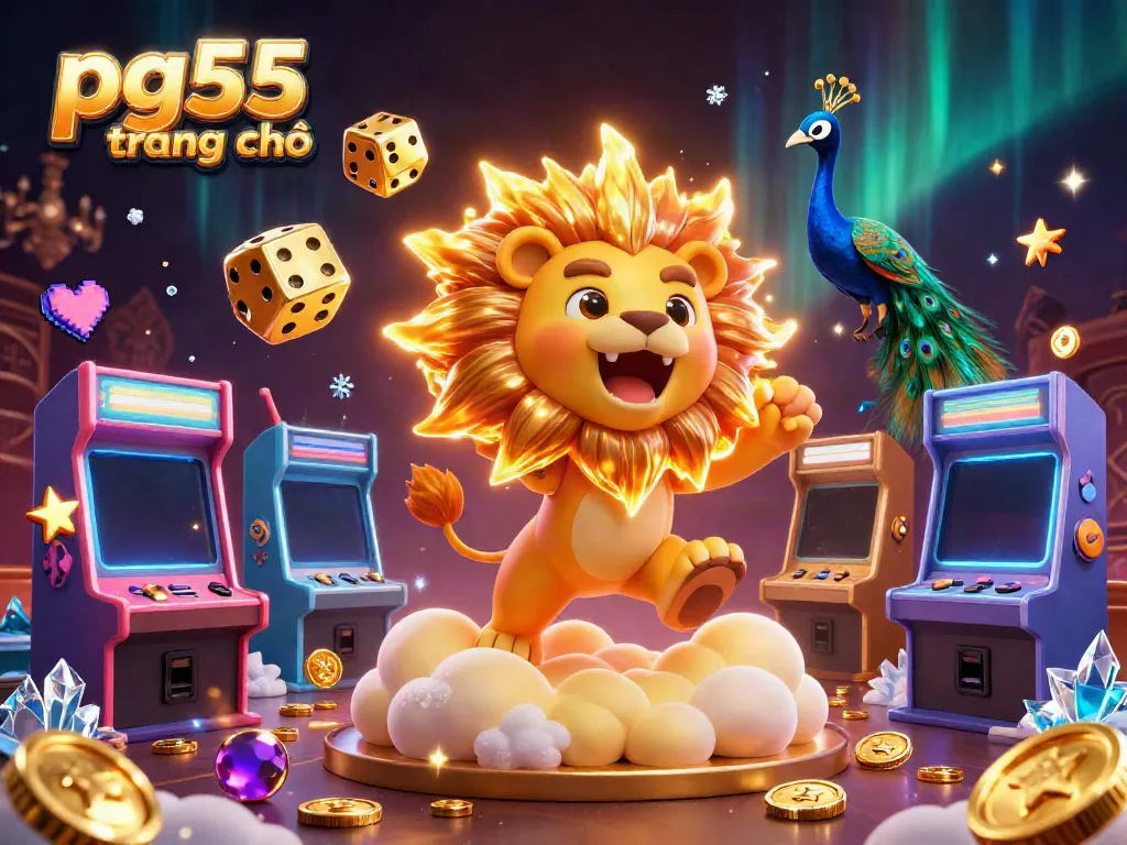 Engage with pg55 trang chủ featuring a roaring sun lion and golden dice amidst thrilling game elements.