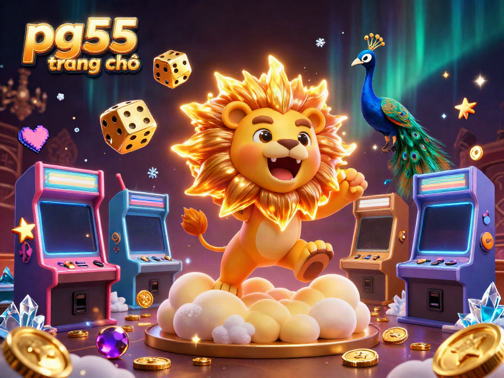 Engage with pg55 trang chủ featuring a roaring sun lion and golden dice amidst thrilling game elements.