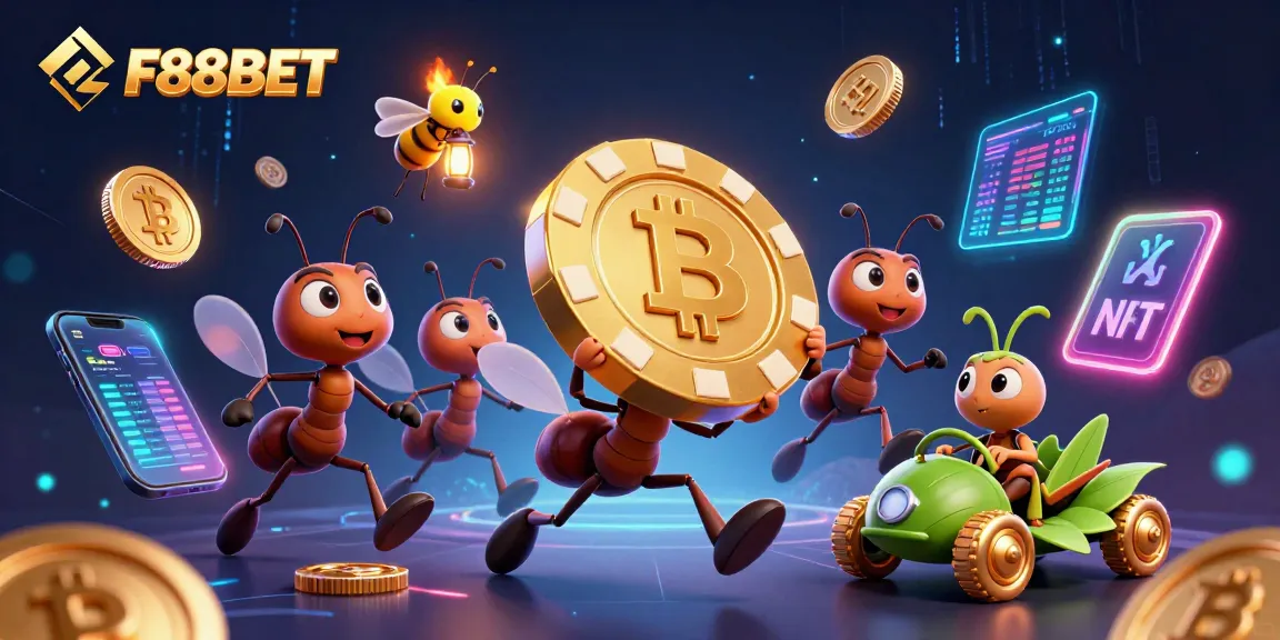 Engage with F88BET's thrilling heist scene featuring cartoon ants and crypto elements.