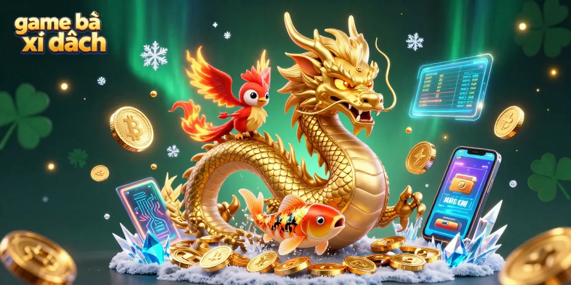 Engage in game bài xì dách with a fierce dragon and golden koi fish amidst coins and crypto elements.