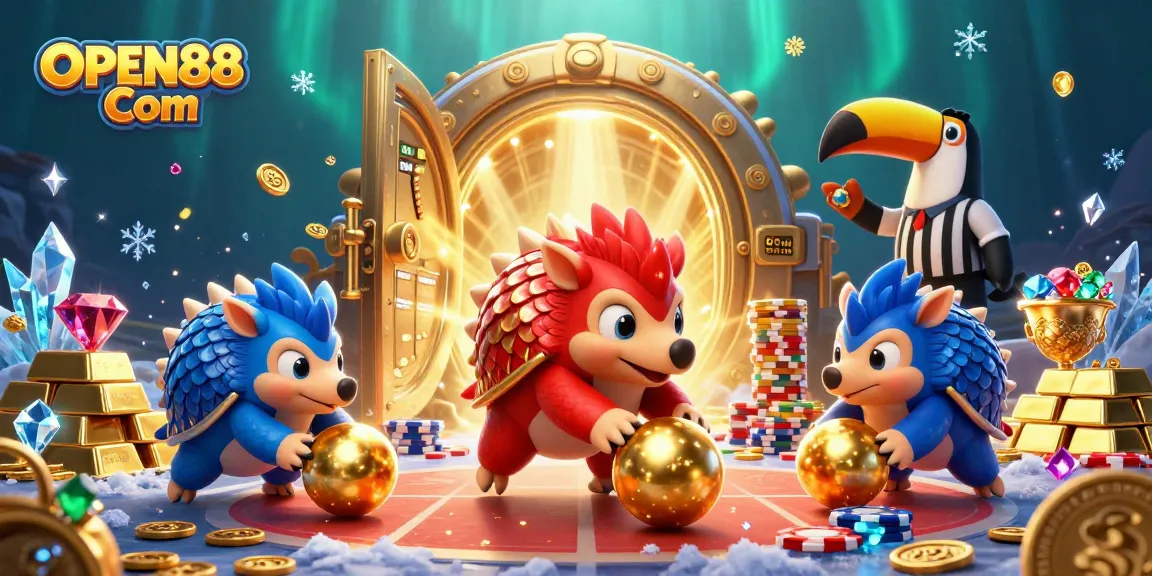 Experience the thrill of OPEN88 Com with animated pangolins rolling golden balls at a vibrant casino scene.