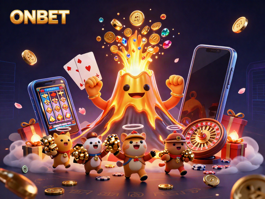 ONBET showcases a vibrant volcano erupting coins and treasures, symbolizing thrilling casino wins.