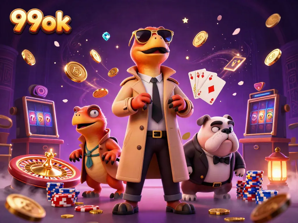 Experience the excitement of 99ok with raptors in a trench coat entering a casino arena.