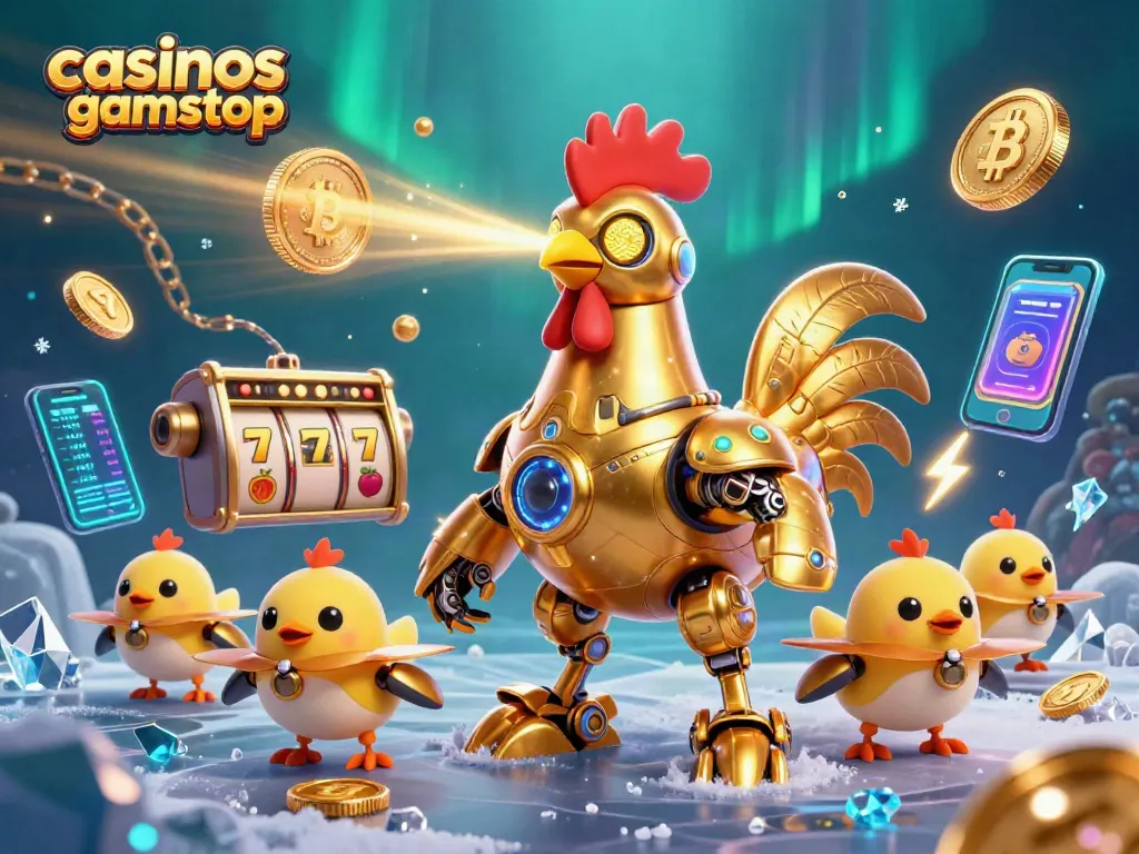 Engage with casinos not on gamstop showcasing a vibrant 3D illustration of a golden rooster robot and baby chick drones surrounded by dynamic casino elements.