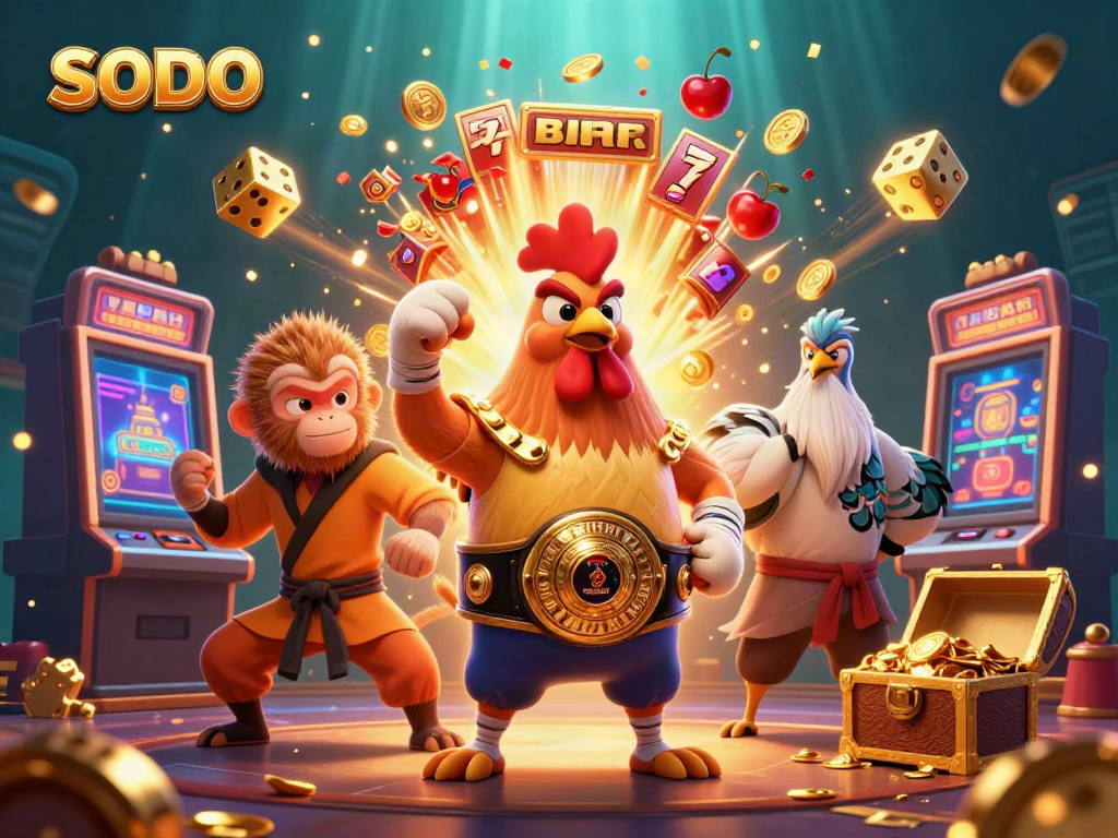 Experience the excitement of SODO with a vibrant 3D casino scene featuring cartoon characters and slot machines bursting with rewards.