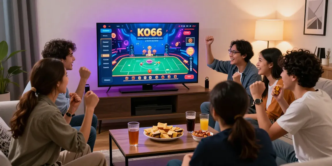 Exciting KO66 gaming scene with friends celebrating wins in cozy living room