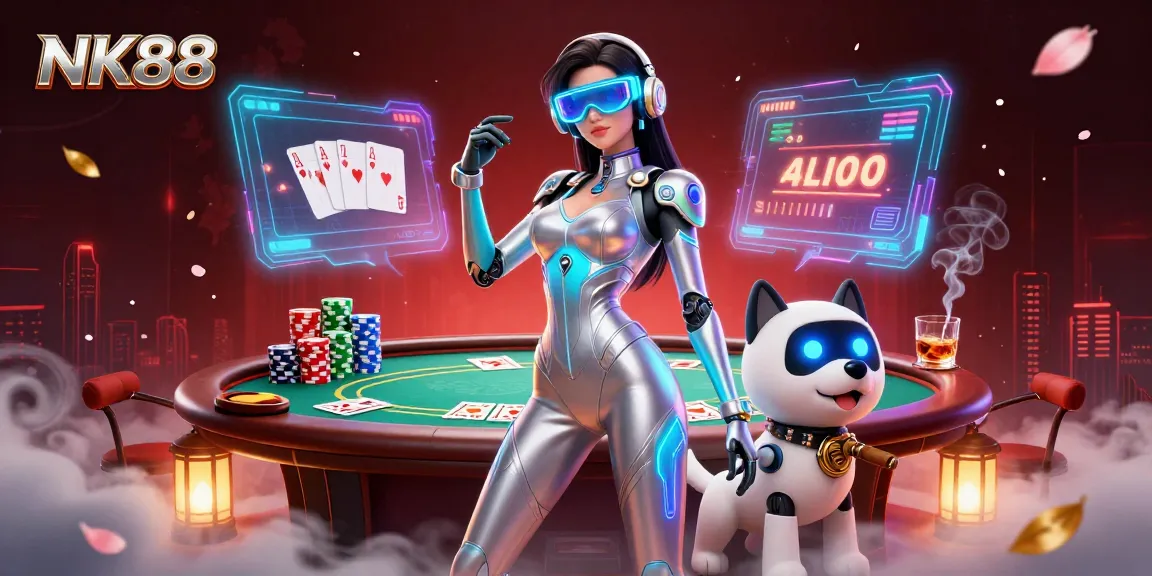 Experience exhilarating gaming at NK88 with a vibrant 3D illustration showcasing poker elements and engaging characters.