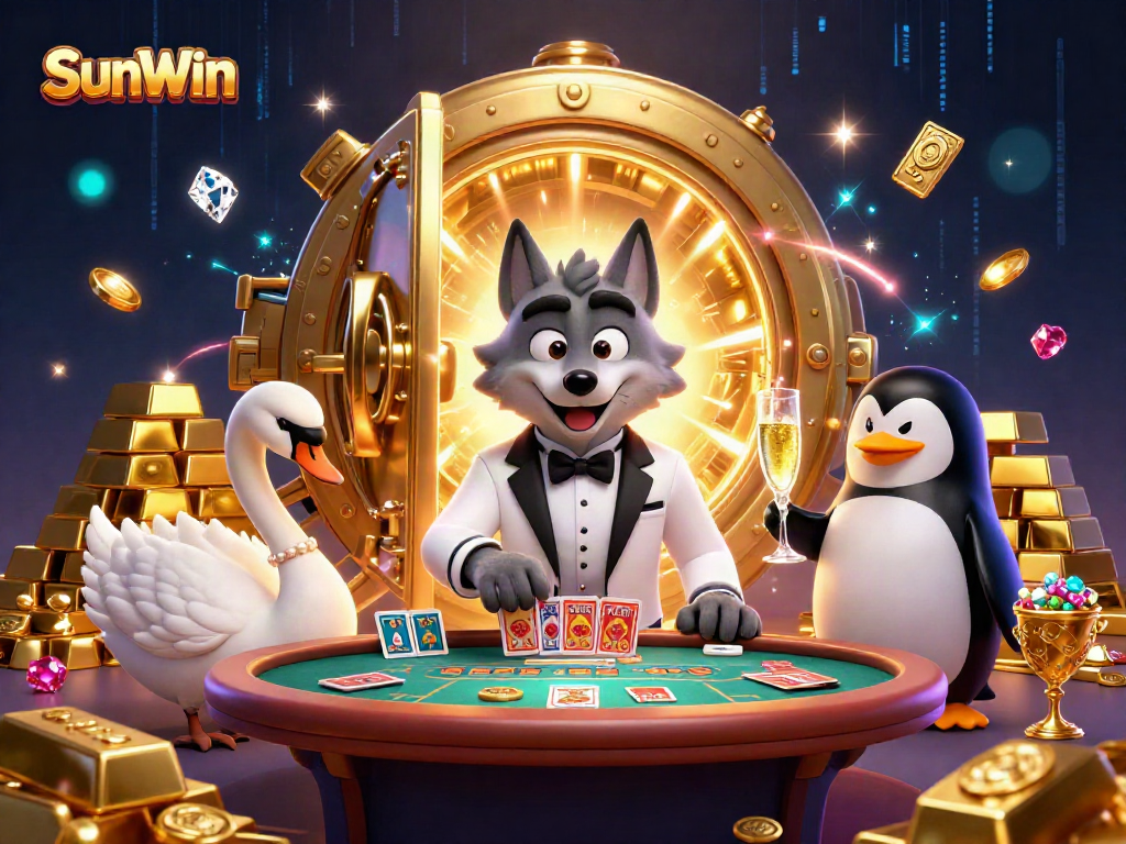 Experience thrilling action at SunWin casino with vibrant characters and luxurious gaming elements.