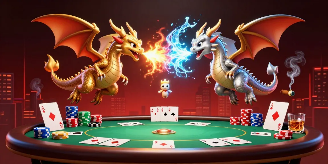 IWIN features twin dragons amidst a vibrant casino backdrop, showcasing poker elements and dynamic action.