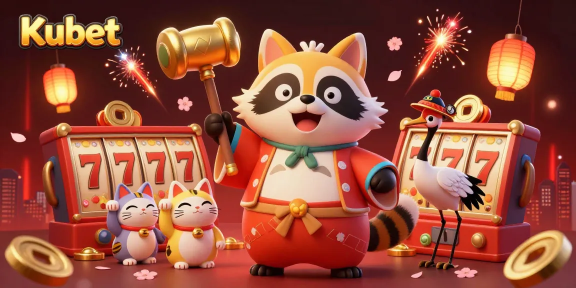 Kubet's vibrant 3D illustration showcases a cheerful tanuki in a festival outfit, surrounded by animated gambling elements.