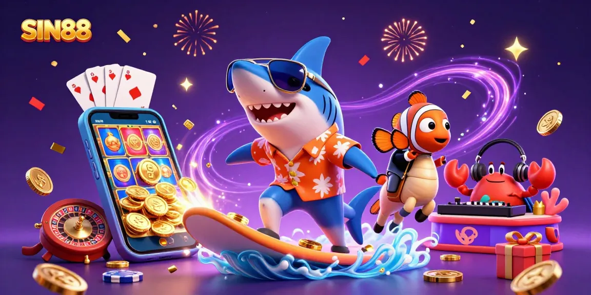 SIN88 showcases an exciting 3D scene with a shark surfing gold coins, highlighting online gaming energy.