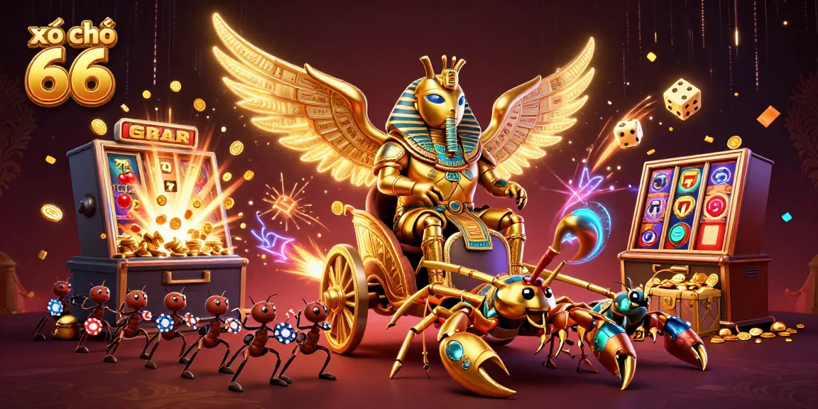 Experience the excitement of xổ số 66 with a dynamic lottery scene featuring a colossal scarab and jackpot explosion.