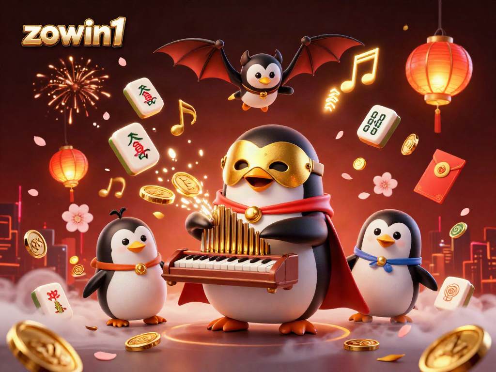 Engage in thrilling gameplay with zowin1, featuring a magical penguin organist and festive casino elements.