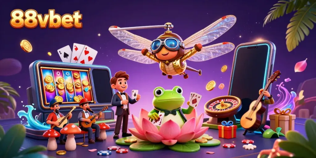 Experience thrilling gameplay with 88vbet as a cartoon dragonfly pilot oversees a vibrant casino scene.