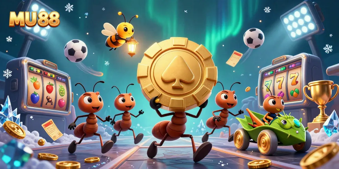 Join the adventure with MU 88 as ants steal a giant poker chip, surrounded by a dynamic casino scene.