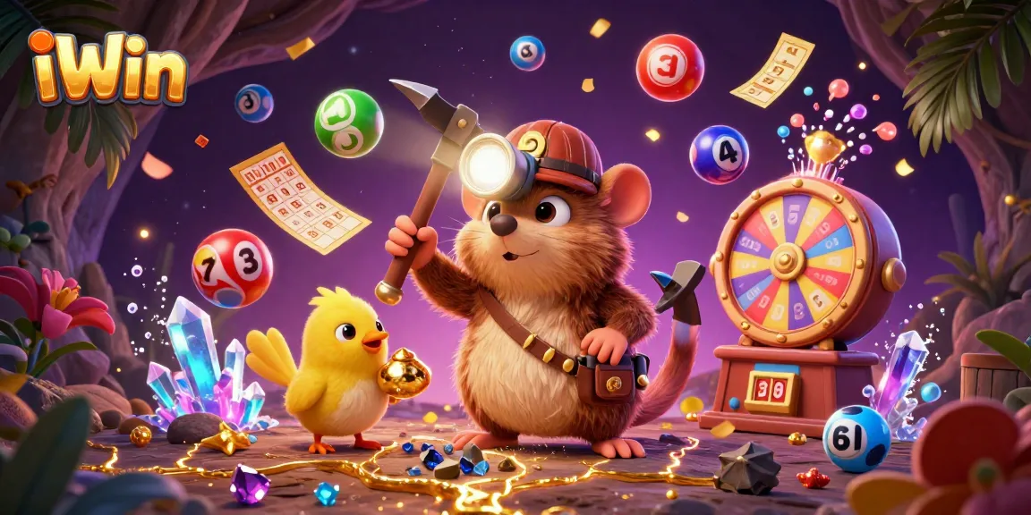 Experience iWin's dynamic gaming scene with colorful lottery elements and treasure hunting excitement.