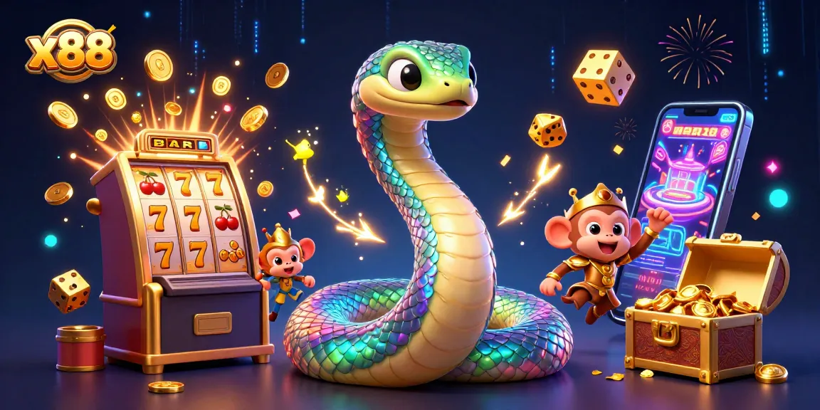 x88 slots come alive with a festive rainbow serpent and monkey king amid dazzling casino elements.