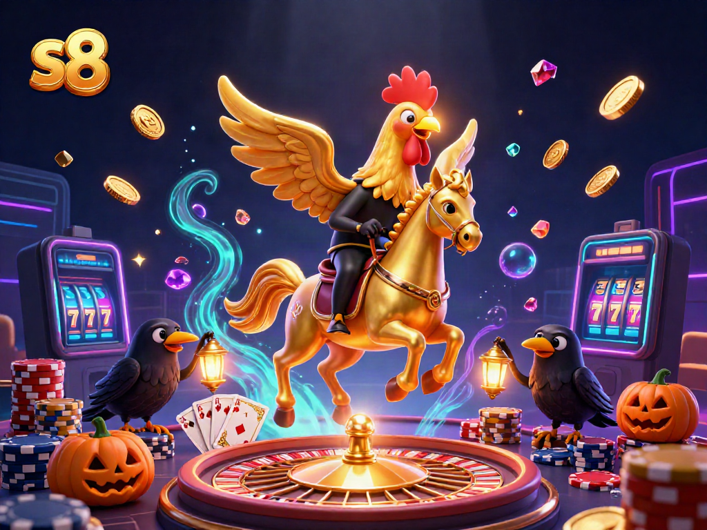 Experience the magic of s8 casino with a golden rooster and stunning gaming elements.