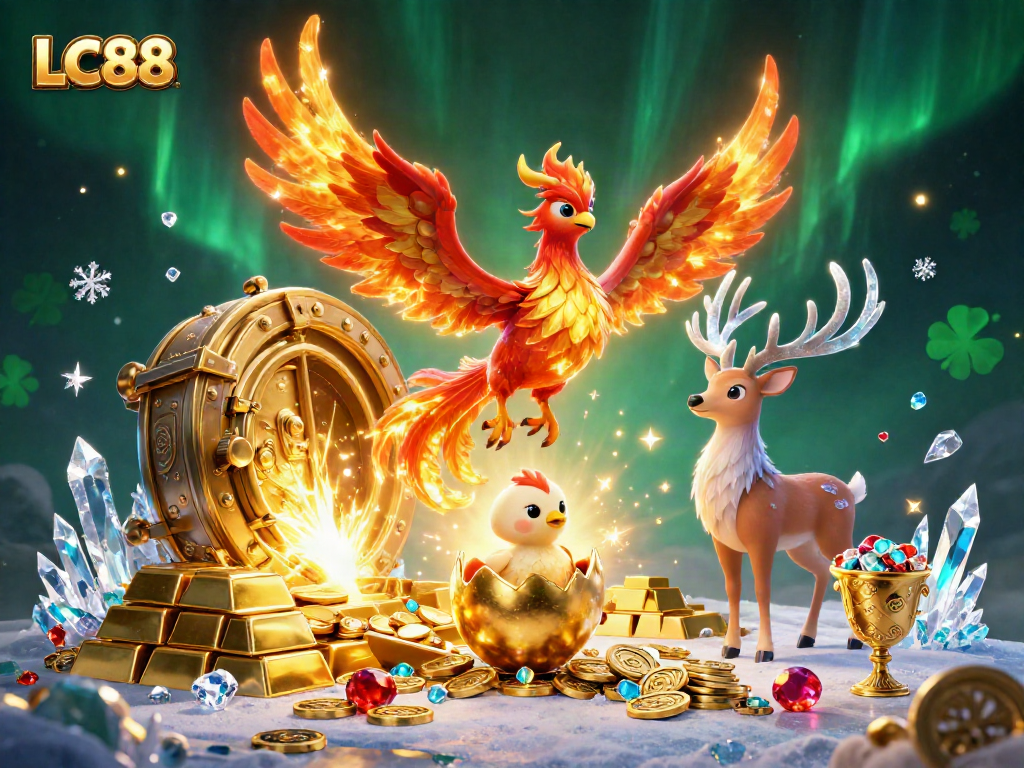 Engage with thrilling LC88 casino gaming through vibrant phoenix illustration surrounded by treasures and excitement.