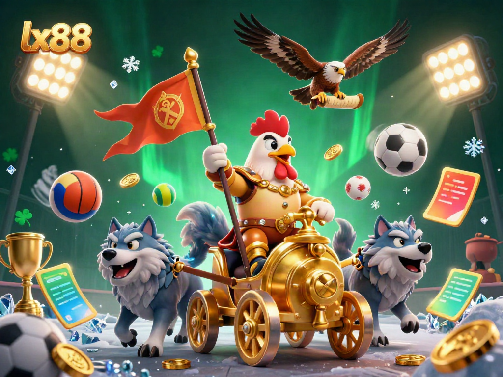 Experience exhilarating action with lx88, featuring a rooster warlord on a golden chariot amidst sports-themed elements.