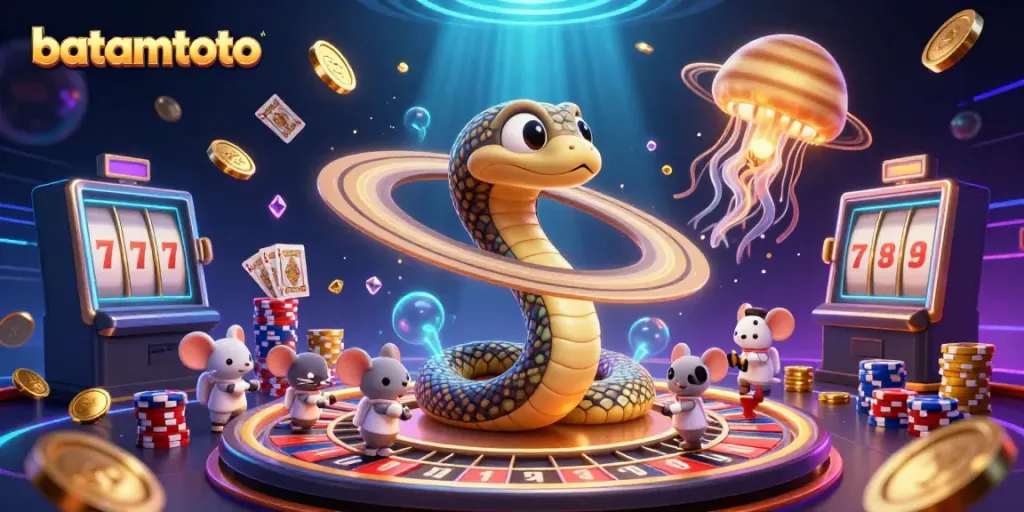 Join the excitement at batamtoto with a celestial-themed casino scene featuring astronauts and cosmic gaming elements.