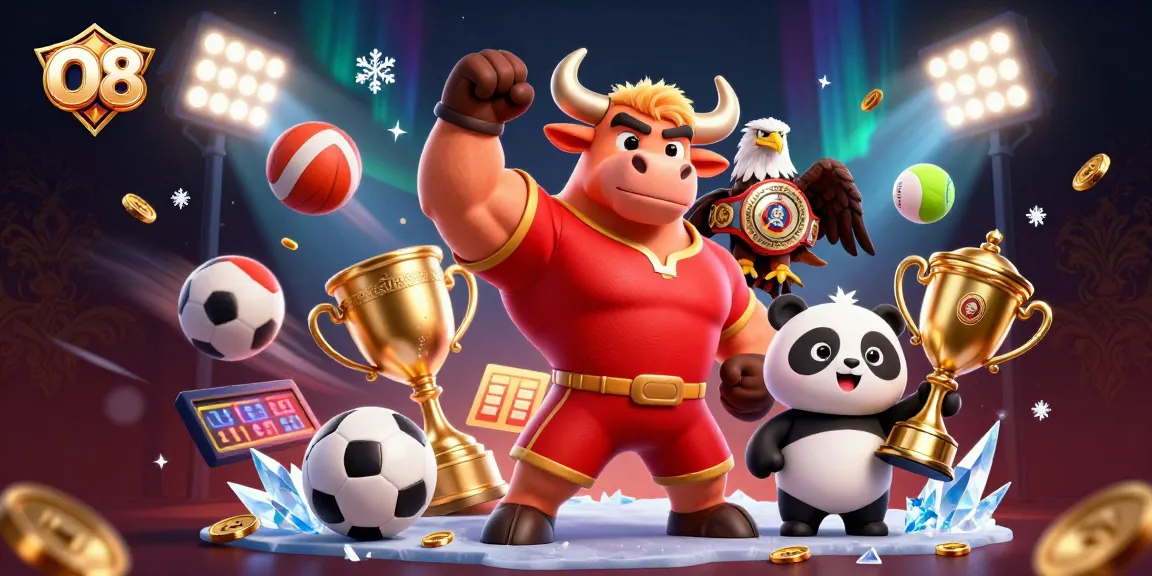 O8 showcases a muscular bull mascot celebrating victory alongside a trophy-bearing panda in this vibrant sports-themed illustration.