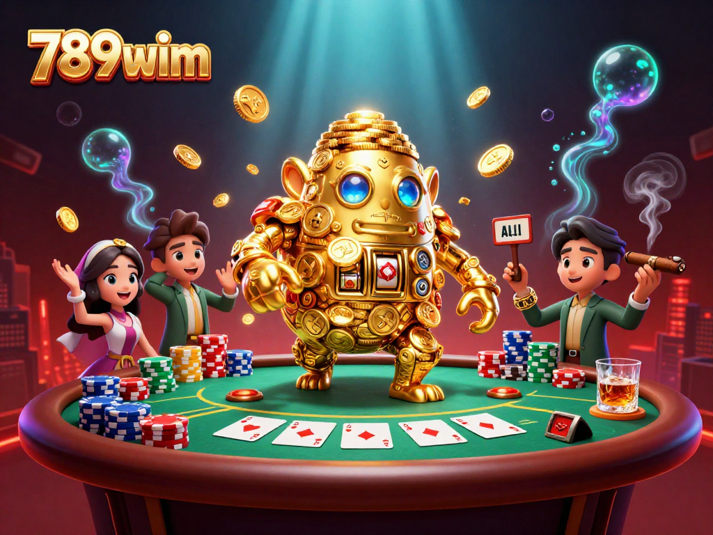 789wim showcases a vibrant poker scene with a golden golem and dynamic casino elements.