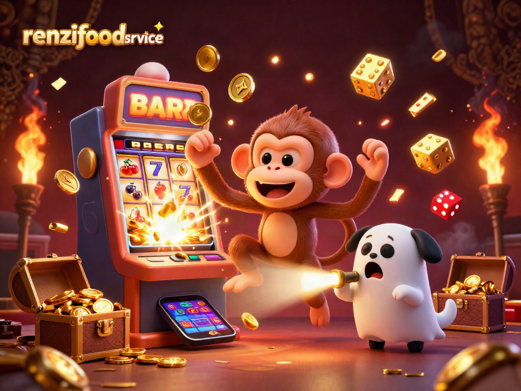 Experience the magic of renzifoodservice at a vibrant casino with a mischievous monkey juggling golden treasures.