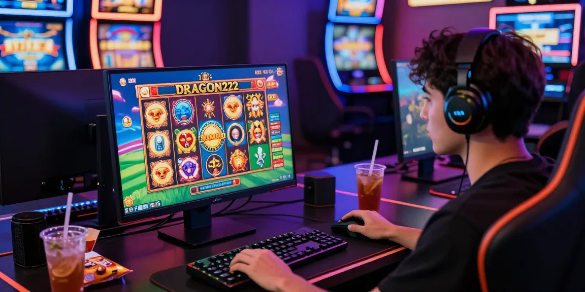 Engaged player enjoying the DRAGON222 slot game at colorful online casino setup with gaming accessories and snacks.