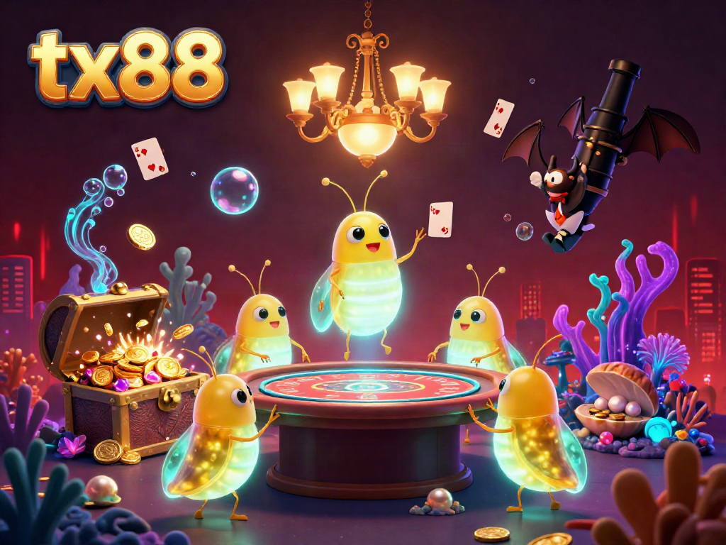Experience the excitement of tx88 with vibrant glowworms lighting a lively casino, creating a magical atmosphere.