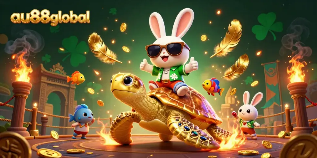 Celebrate excitement at au88global with a lucky rabbit and golden turtle in a vibrant casino scene.