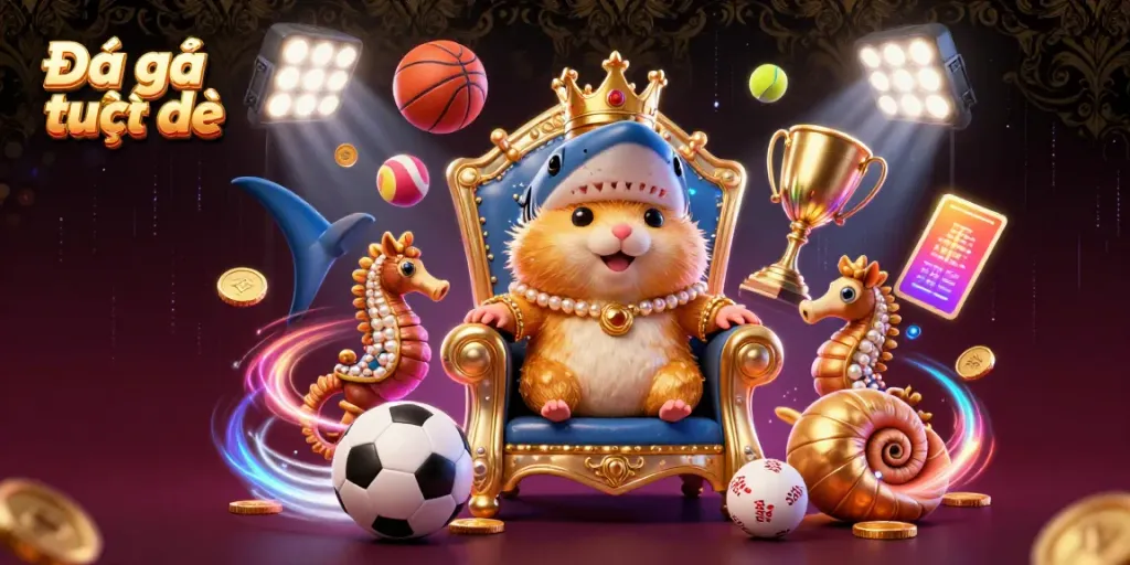 Witness the thrill of Đá gà trực tiếp with a vibrant 3D illustration featuring a fierce golden hamster king and regal creatures.