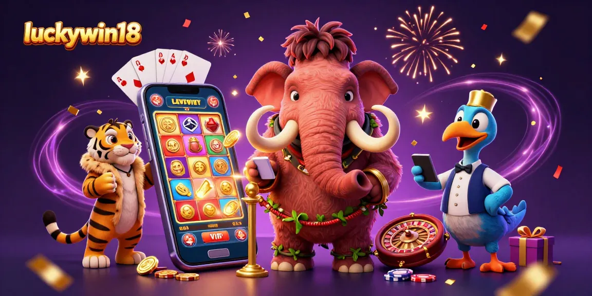 Experience thrilling action at luckywin18 with a cartoonish casino scene featuring a mammoth bouncer, tiger guest, and dynamic slot game.