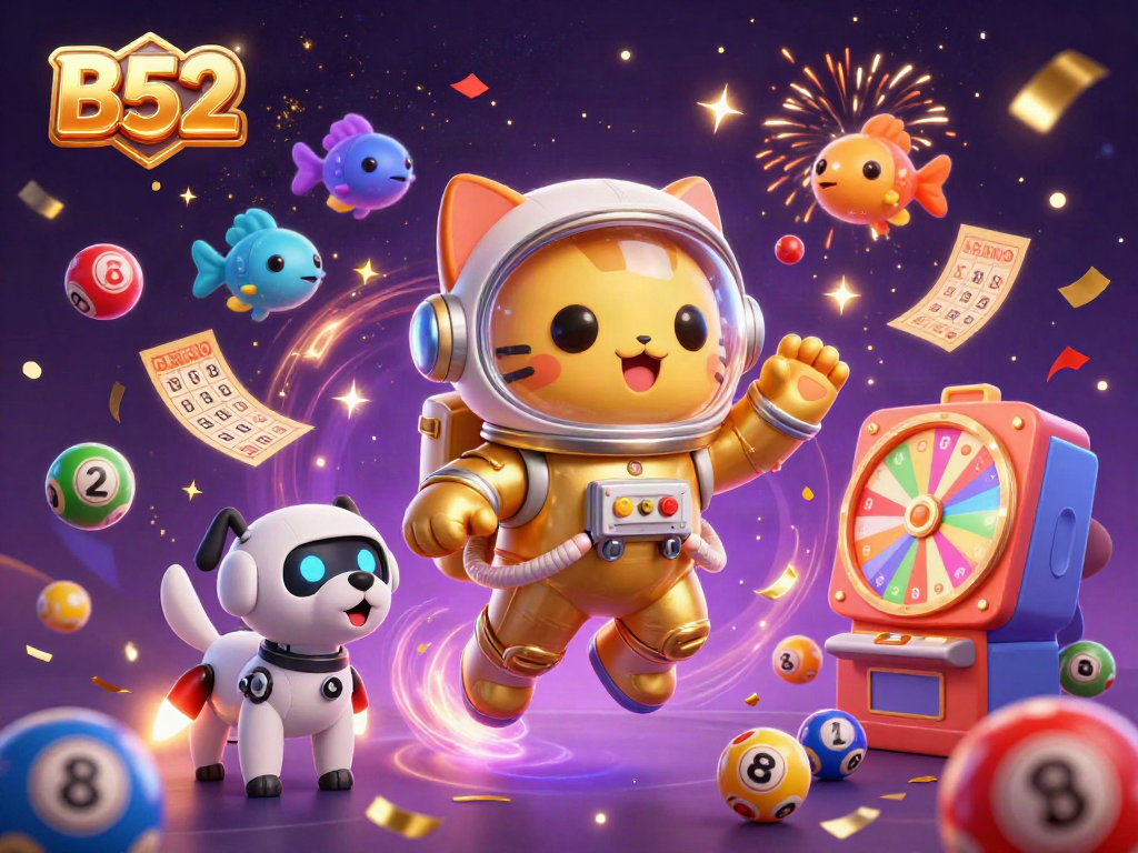 B52 online casino adventure with a floating astronaut cat, robot dog, and vibrant lottery elements.