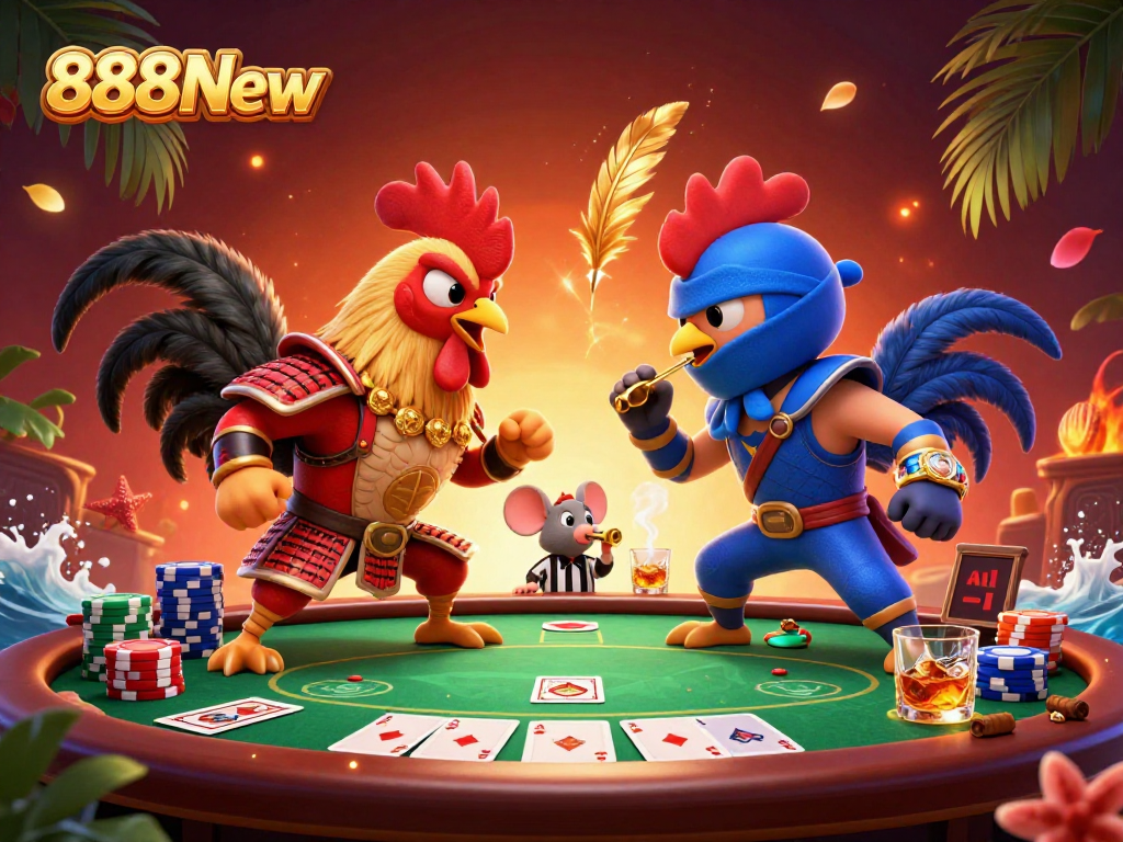 Experience excitement and strategy with 888New as fighting roosters face off amidst dynamic poker action.