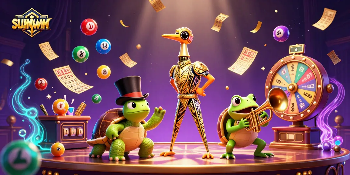 SUNWIN brings excitement to life as colorful lottery balls bounce around characters in a vibrant casino scene.