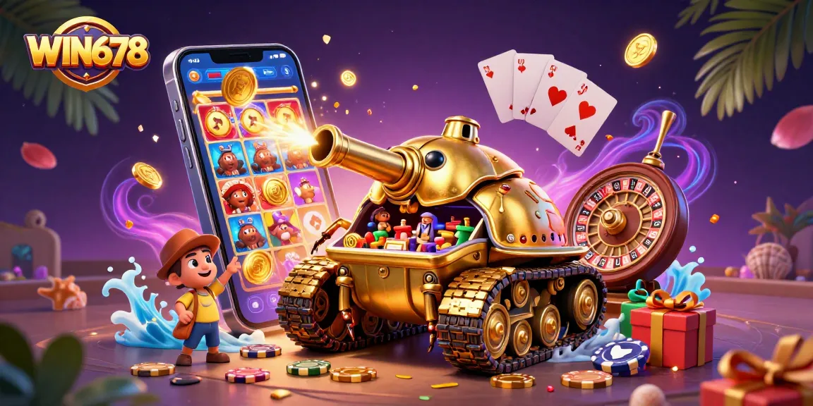 WIN678 showcases a vibrant casino scene with a golden beetle tank revealing games and coins.