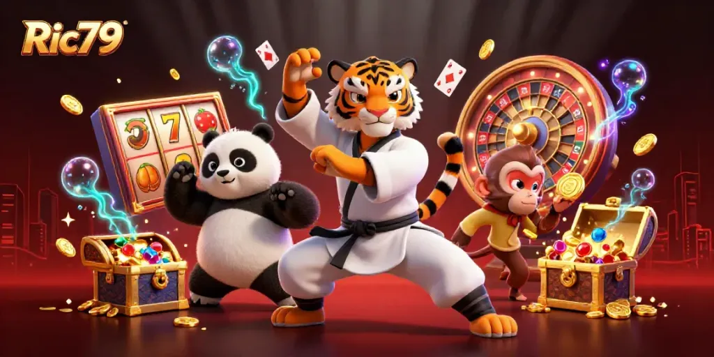 Experience thrilling plays with Ric79 featuring dynamic 3D casino elements like slot reels and roulette.
