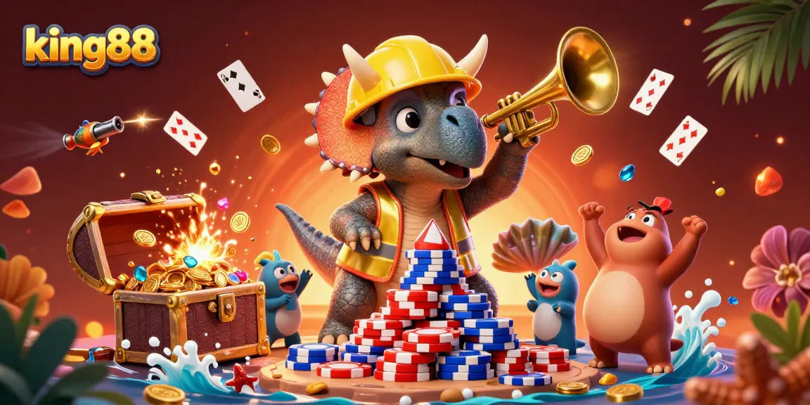 Join the excitement at king88 as cartoon dinosaurs build a poker chip tower in a vibrant casino setting.