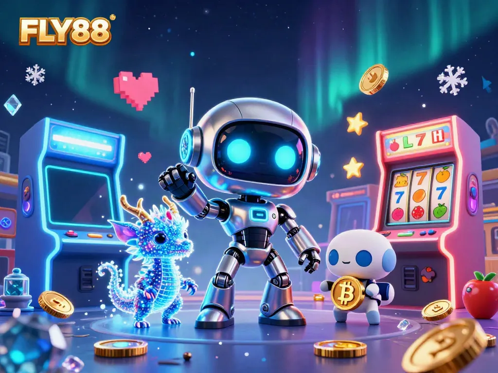 Engage in thrilling gameplay with FLY88's vibrant online casino featuring slots, neon icons, and animated characters.